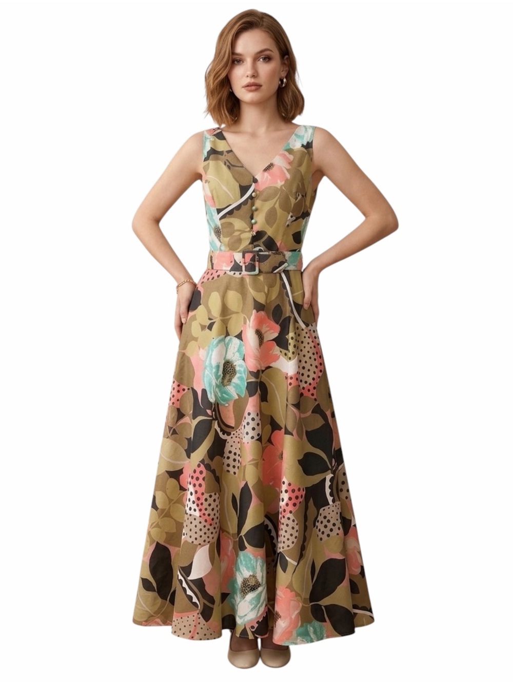 CoCo California Mod Floral Polka Dot Maxi Dress with Belt VTG 1970s  EST. Size 8